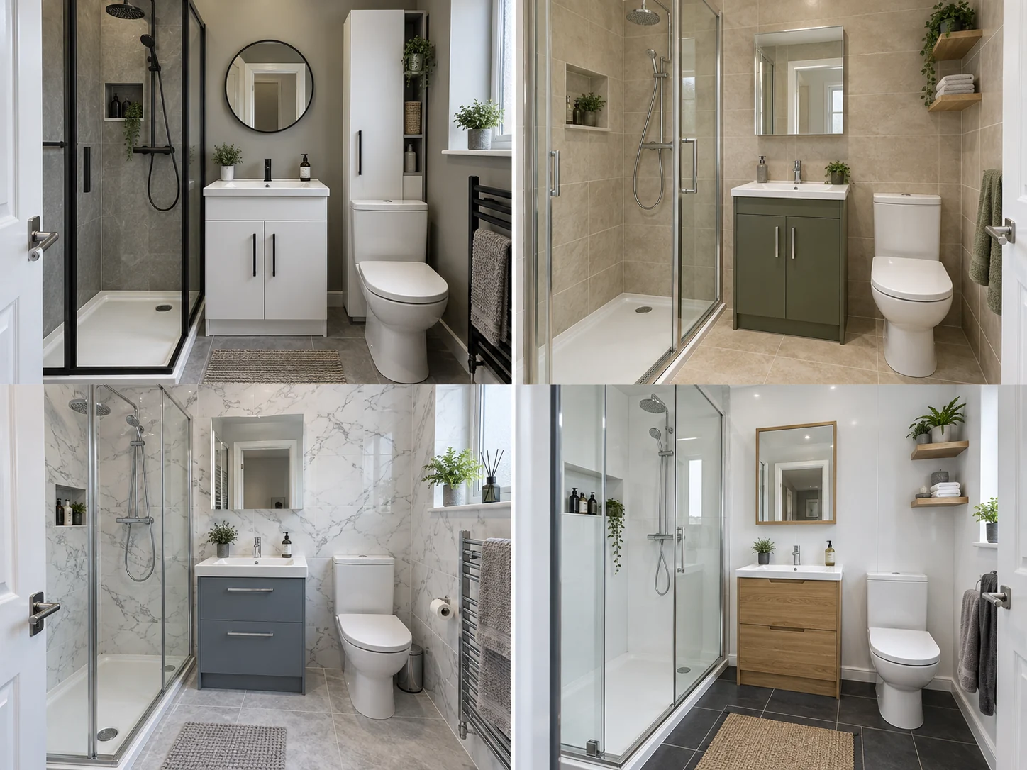 Compact shower room with warm grey walls, white storage cabinet, black fittings